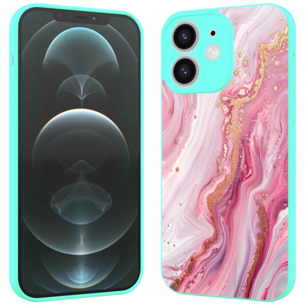 roze marmer opdruk_iPhone 12 Telefoonhoesje met turquoise rand (2)