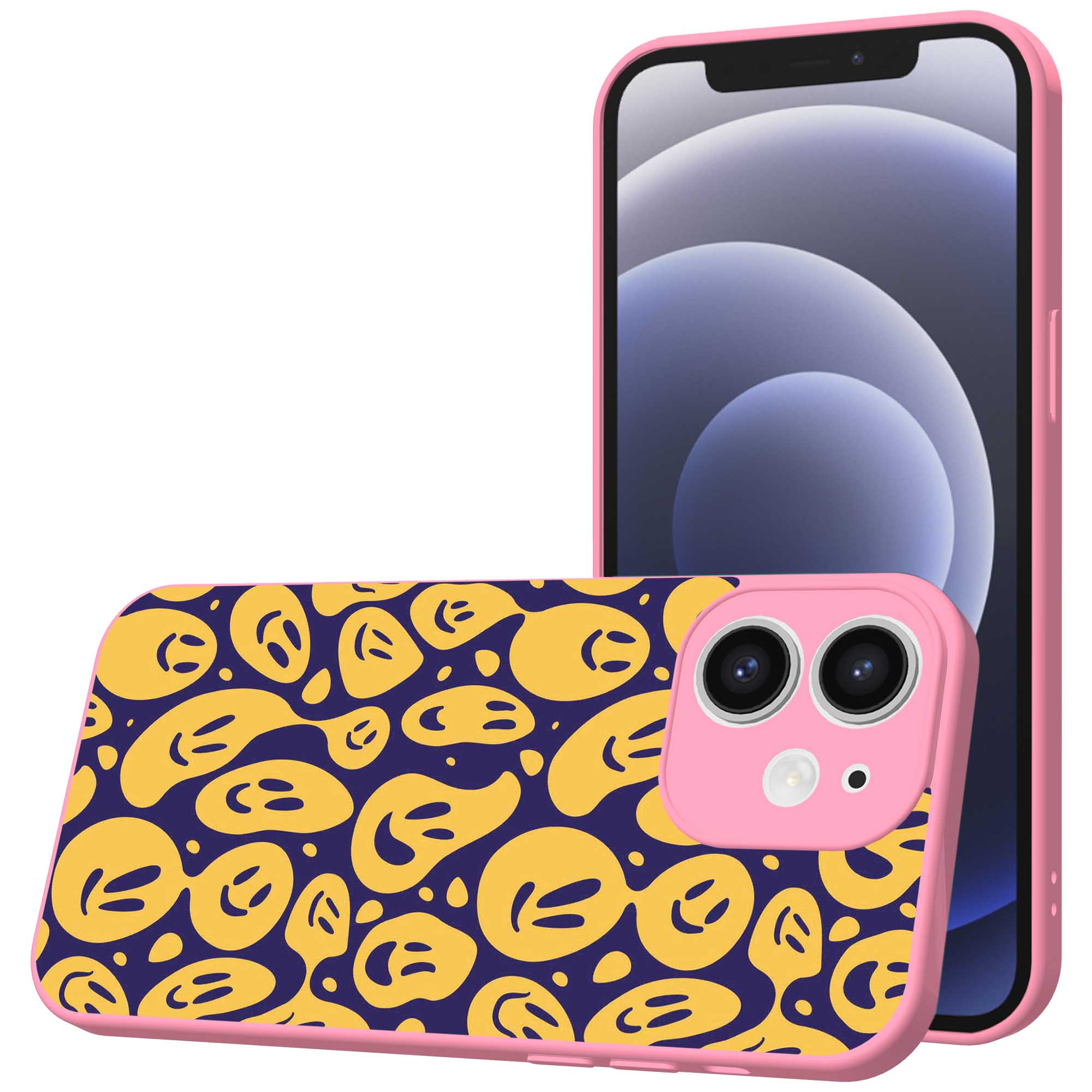 smileys opdruk_iPhone 12 Telefoonhoesje met roze rand (1)