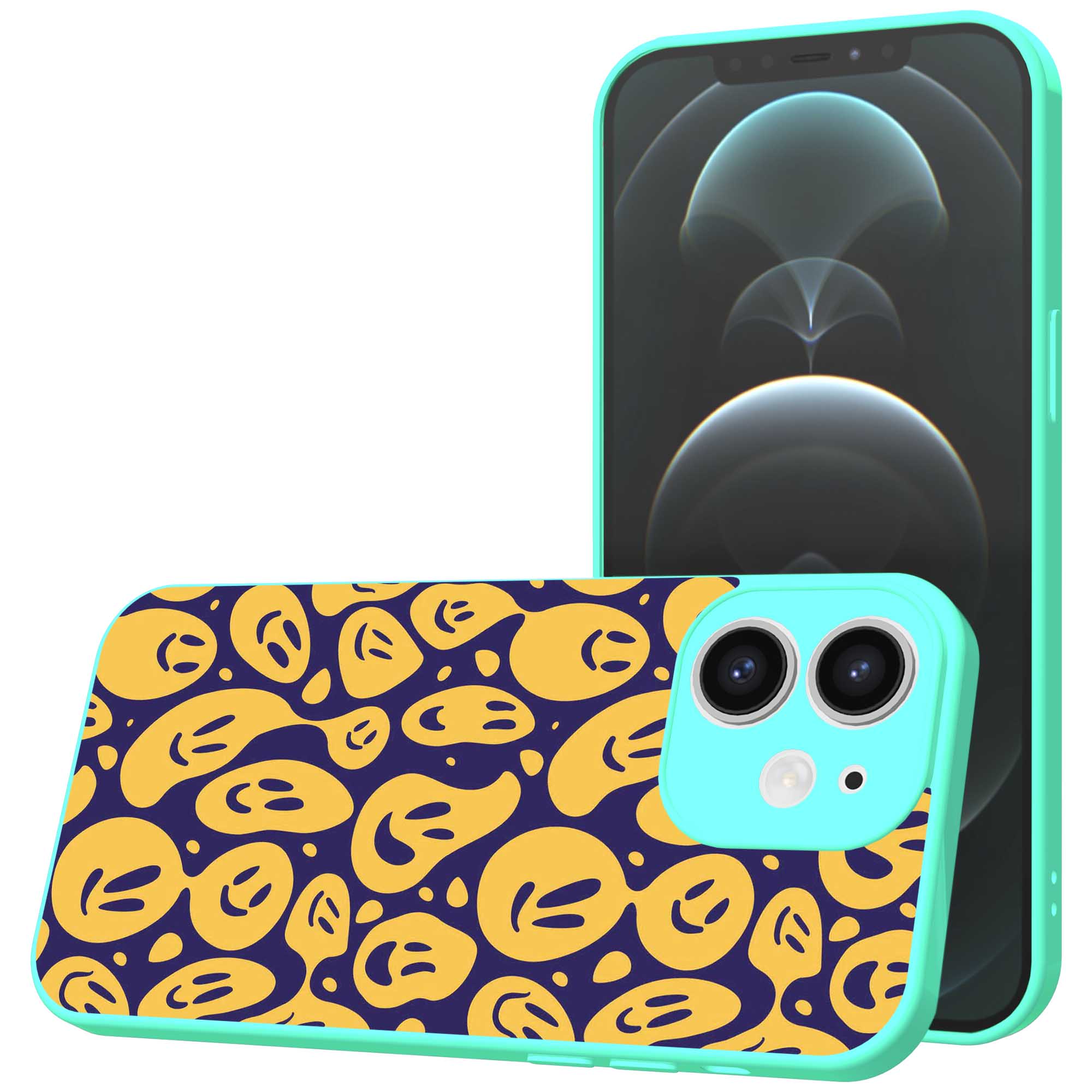 smileys opdruk_iPhone 12 Telefoonhoesje met turquoise rand (1)