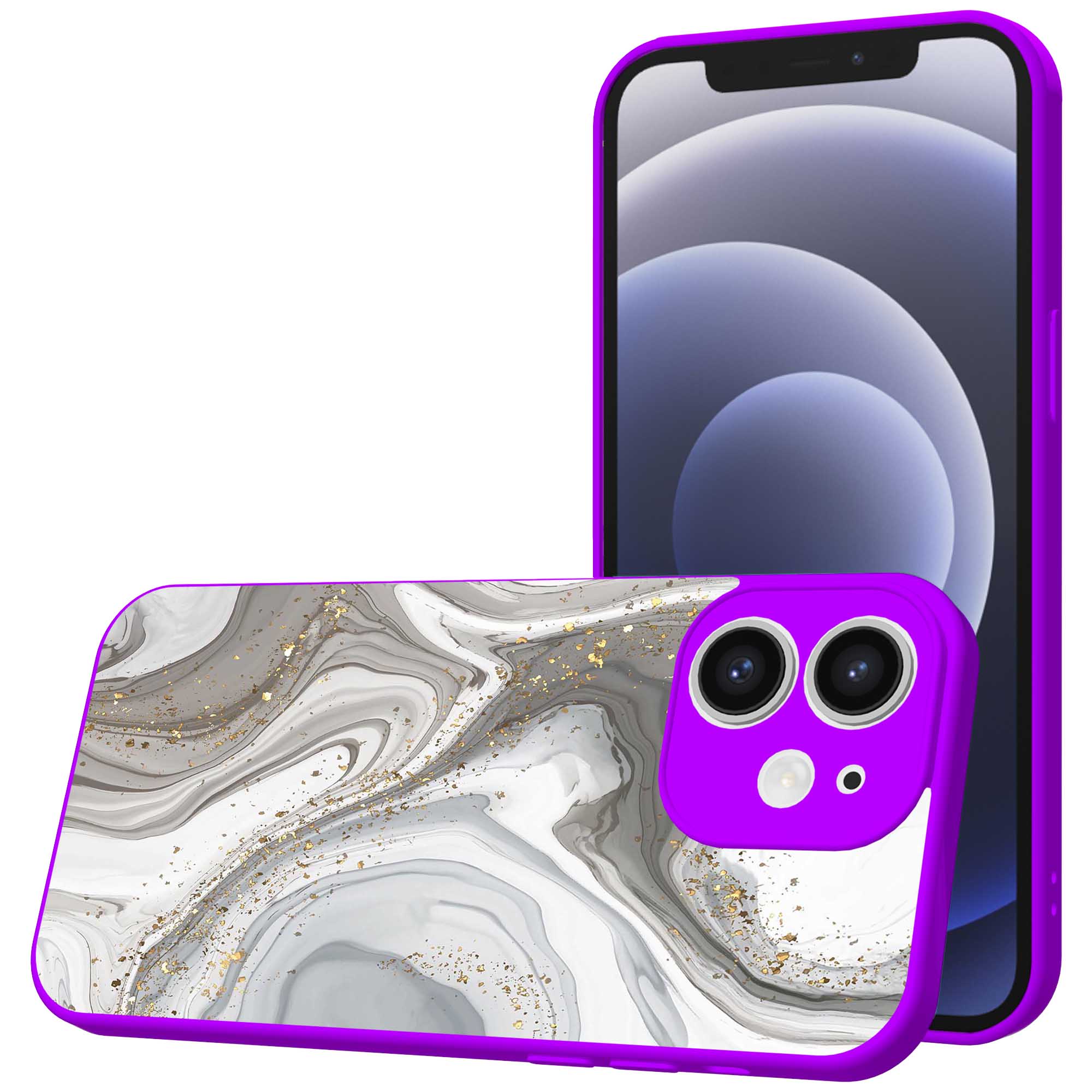 zilver marmer opdruk_iPhone 12 Telefoonhoesje met paars rand (1)
