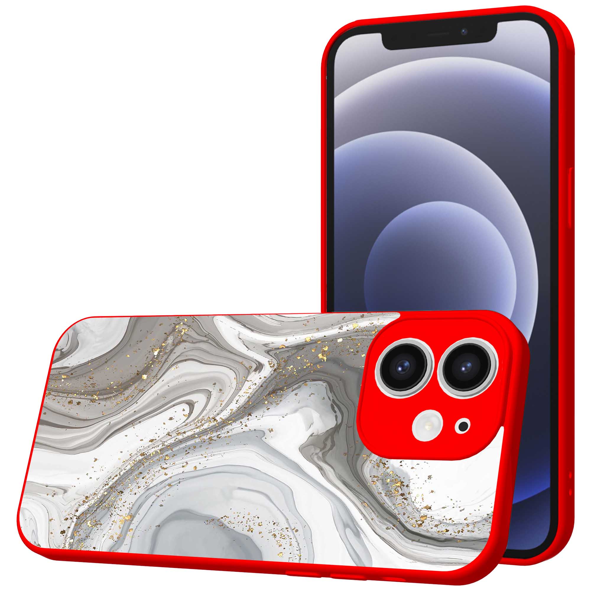 zilver marmer opdruk_iPhone 12 Telefoonhoesje met rode rand (1)