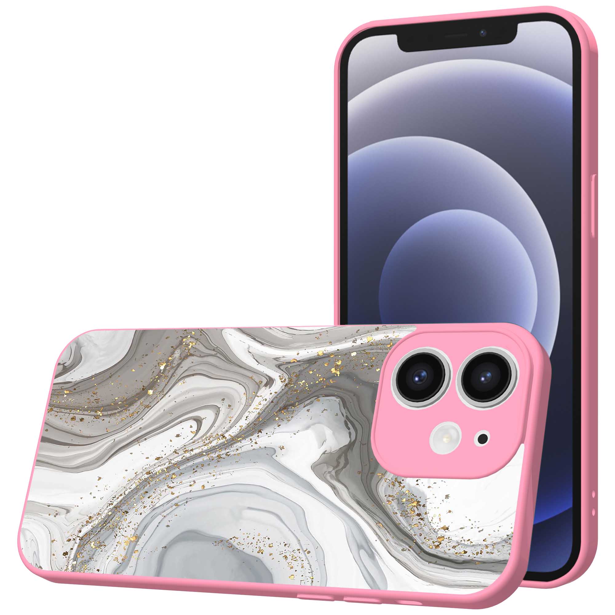 zilver marmer opdruk_iPhone 12 Telefoonhoesje met roze rand (1)