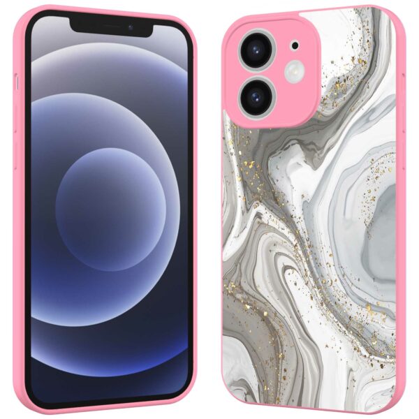 zilver marmer opdruk_iPhone 12 Telefoonhoesje met roze rand (2)