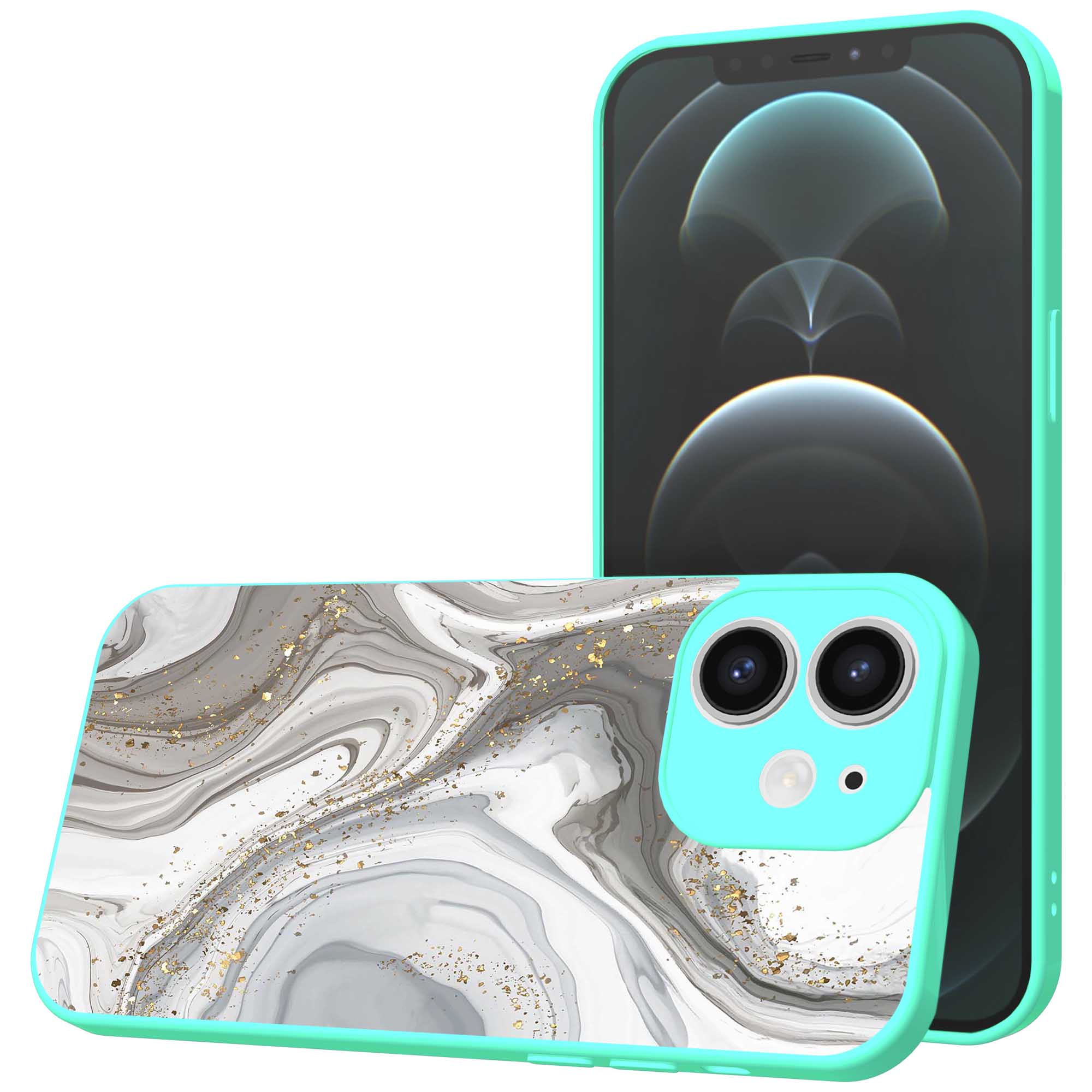 zilver marmer opdruk_iPhone 12 Telefoonhoesje met turquoise rand (1)