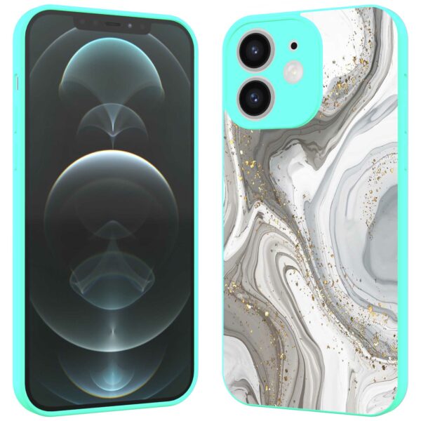 zilver marmer opdruk_iPhone 12 Telefoonhoesje met turquoise rand (2)