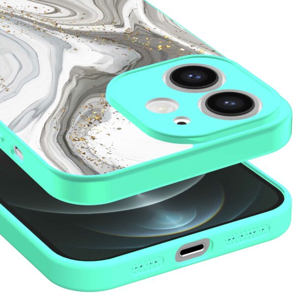 zilver marmer opdruk_iPhone 12 Telefoonhoesje met turquoise rand (3)