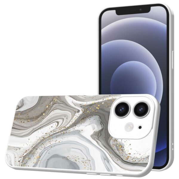 zilver marmer opdruk_iPhone 12 Telefoonhoesje met witte rand (1)