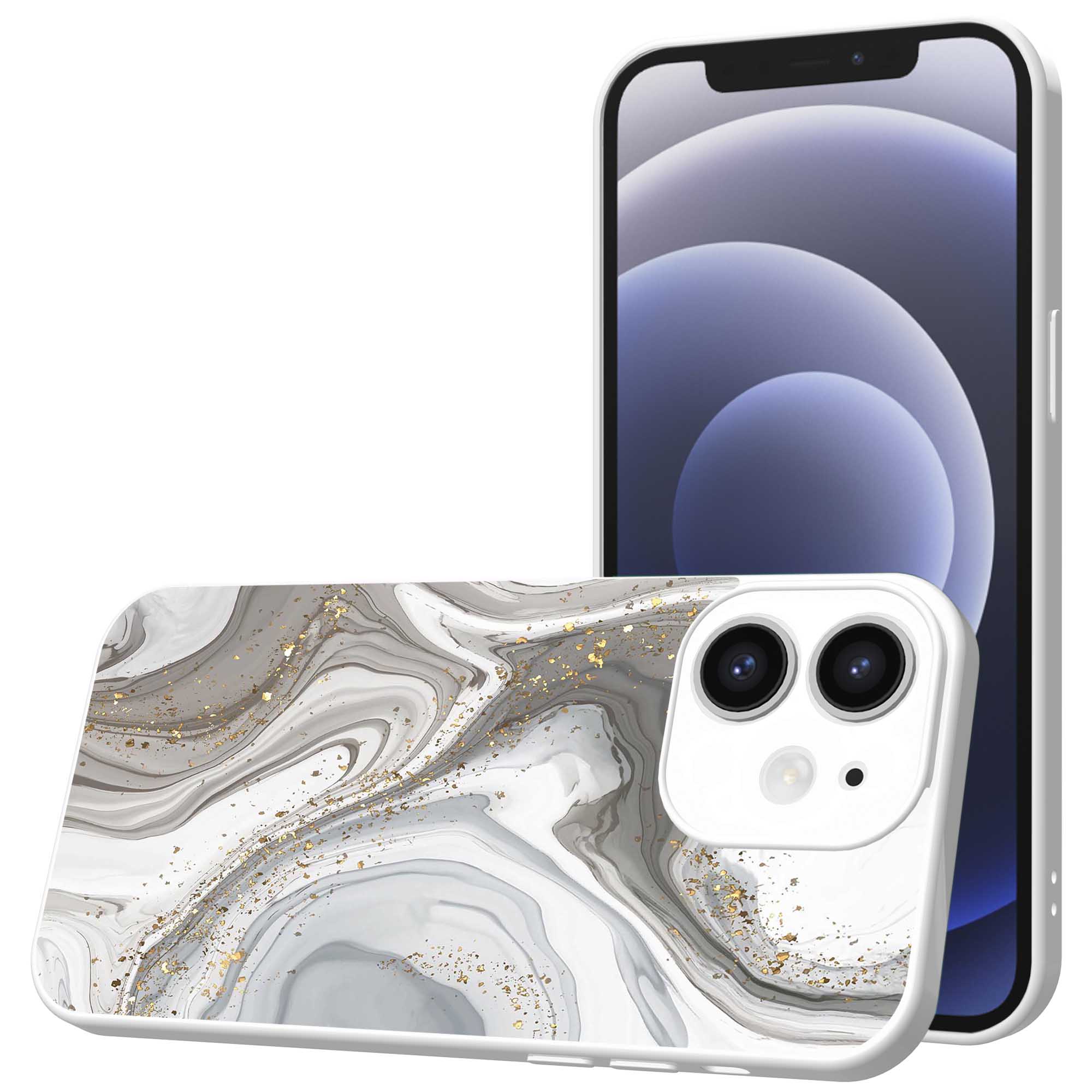 zilver marmer opdruk_iPhone 12 Telefoonhoesje met witte rand (1)