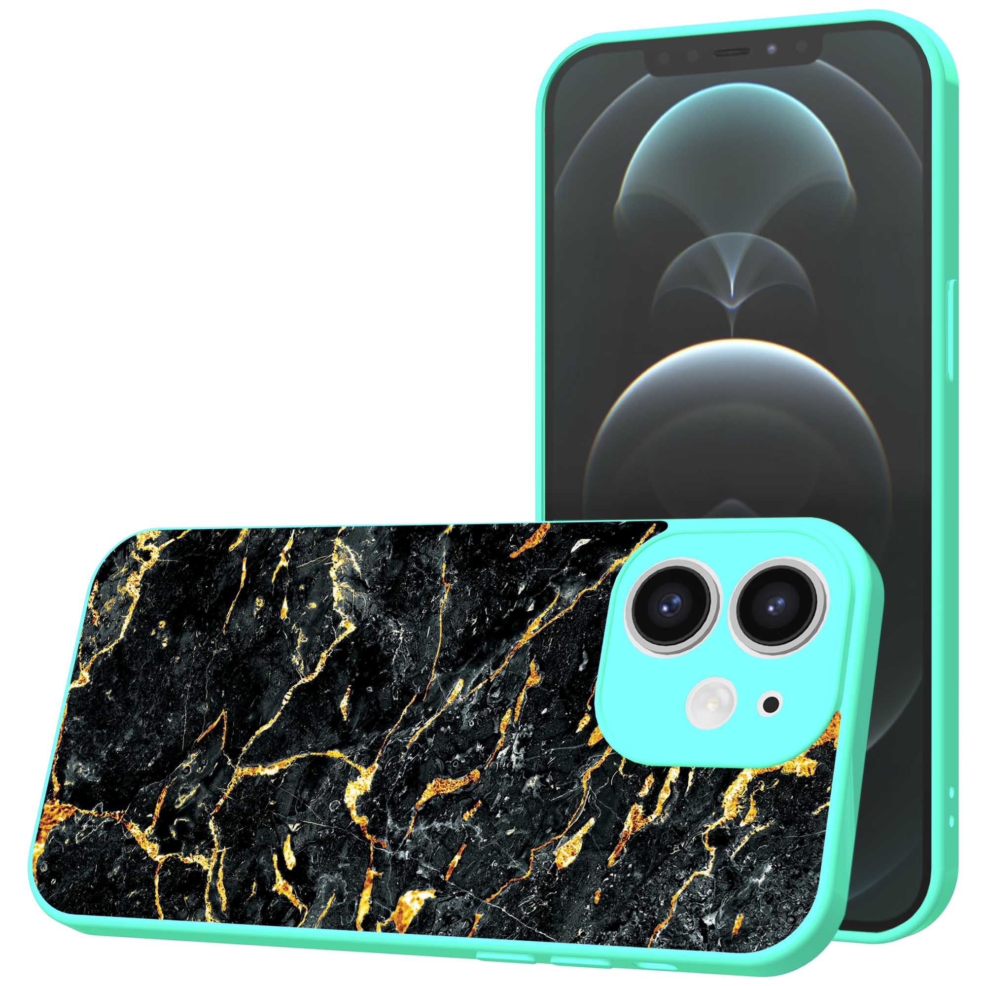 zwart goud marmer opdruk_iPhone 12 Telefoonhoesje met turquoise rand (1)