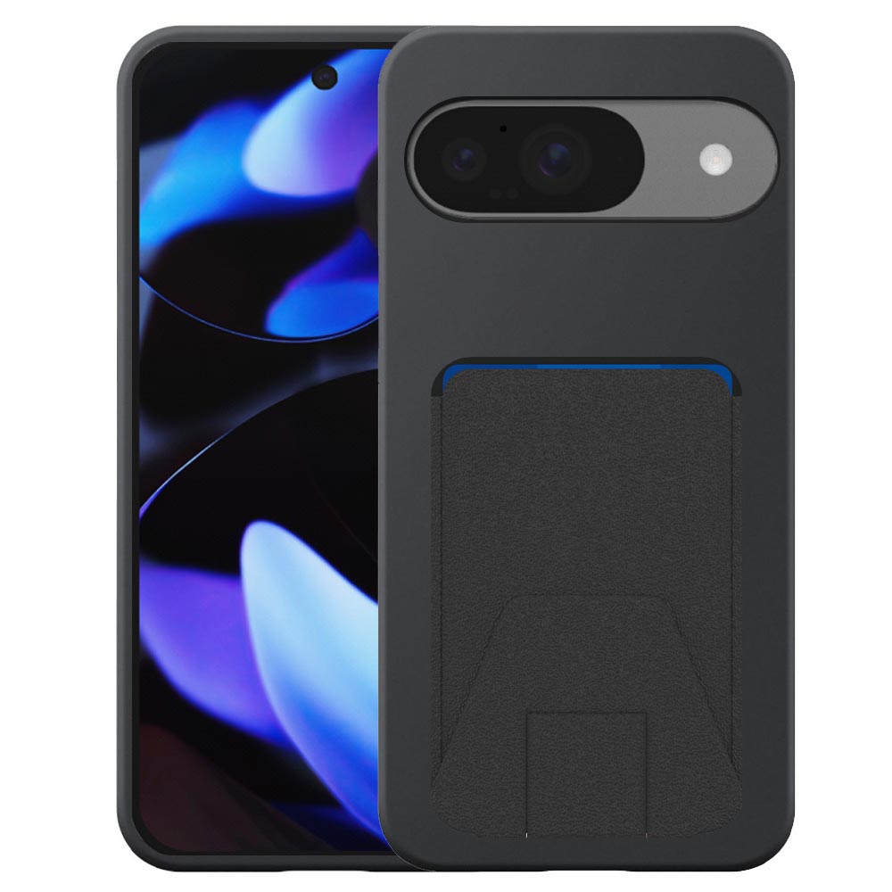 Google PIxel 9-9 Pro telefoonhoesje siliconen zwart_met verstelbare leren pasjeshouder