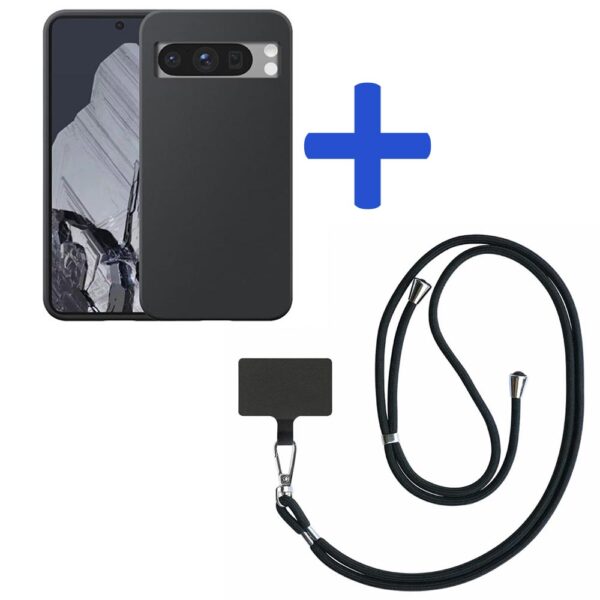 Google Pixel 8 Protelefoonhoesje siliconen zwart_met zwart afneembaar koord (2)