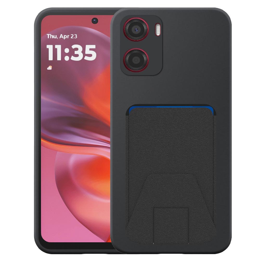 Motorola Moto G05-E15 telefoonhoesje siliconen zwart_met verstelbare leren pasjeshouder