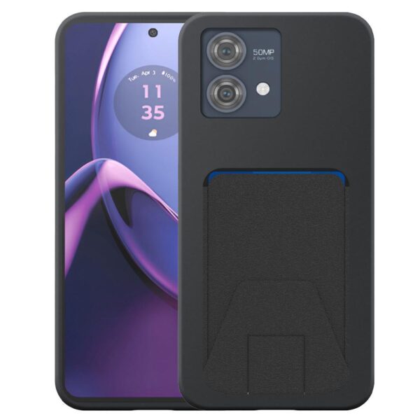Motorola Moto G84 telefoonhoesje siliconen zwart_met verstelbare leren pasjeshouder