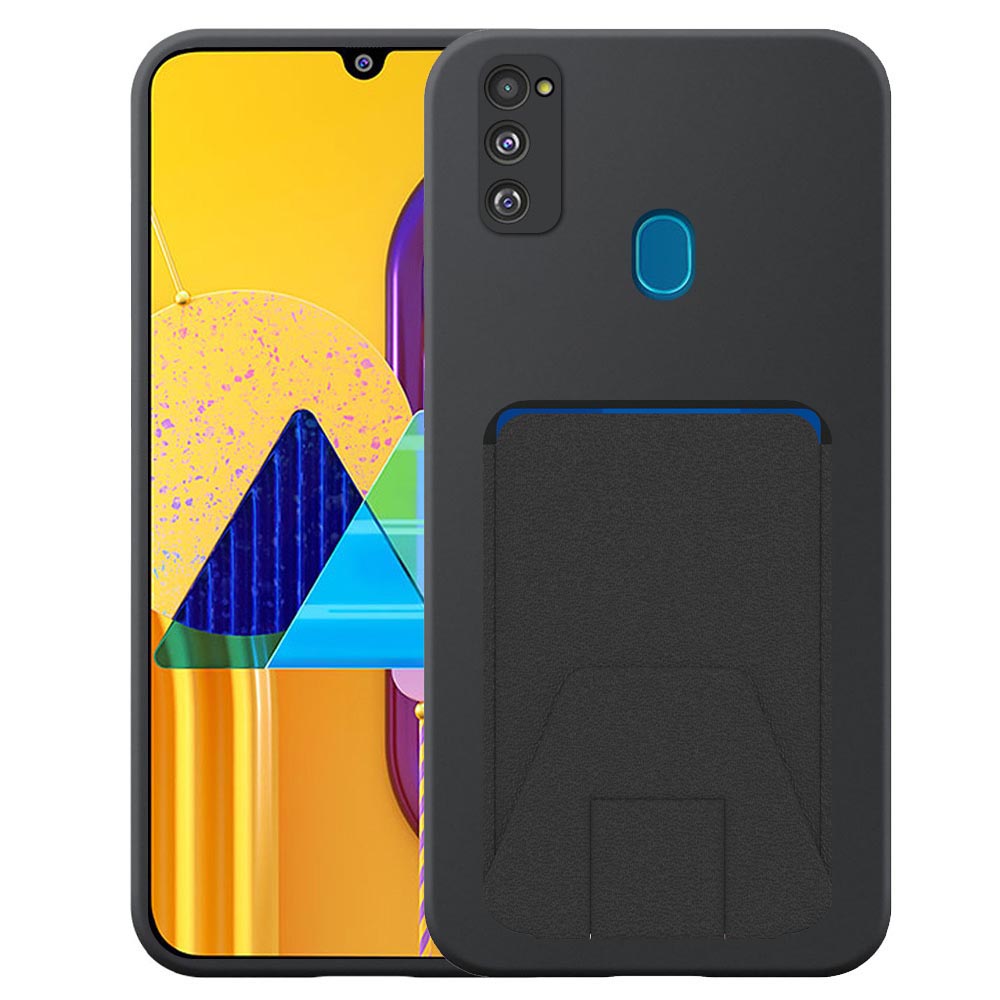 Samsung Galaxy M30S telefoonhoesje siliconen zwart_met verstelbare leren pasjeshouder