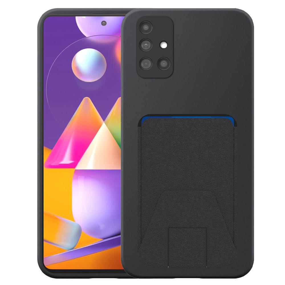 Samsung Galaxy M31S telefoonhoesje siliconen zwart_met verstelbare leren pasjeshouder