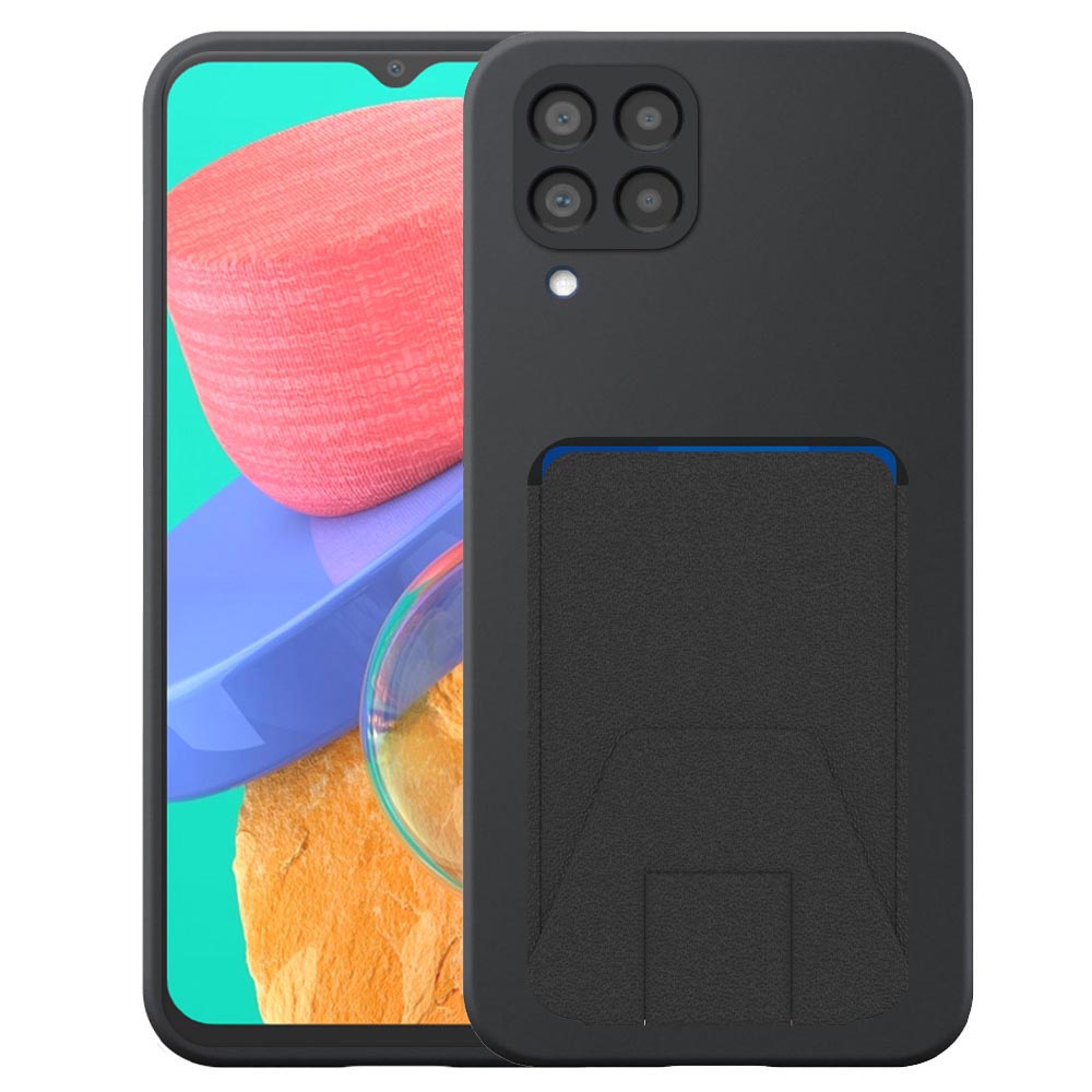 Samsung Galaxy M33 telefoonhoesje siliconen zwart_met verstelbare leren pasjeshouder