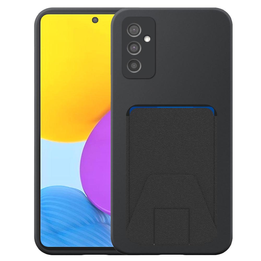 Samsung Galaxy M52 telefoonhoesje siliconen zwart_met verstelbare leren pasjeshouder