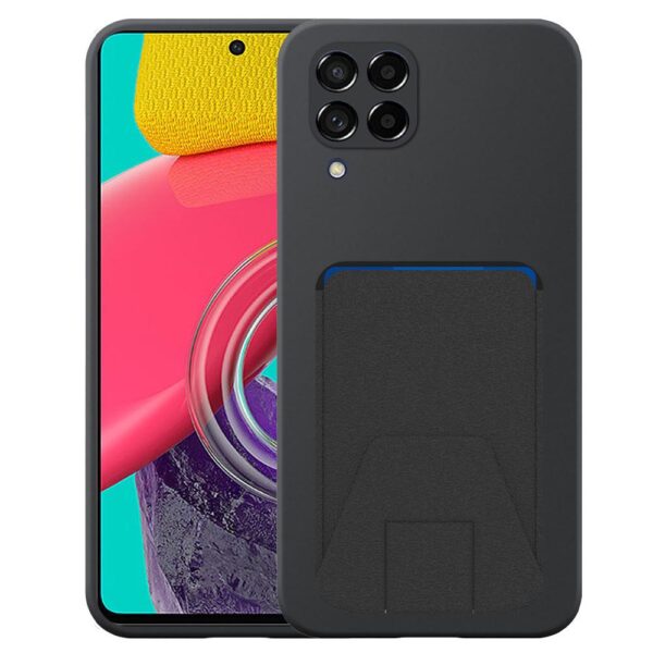 Samsung Galaxy M52 telefoonhoesje siliconen zwart_met verstelbare leren pasjeshouder