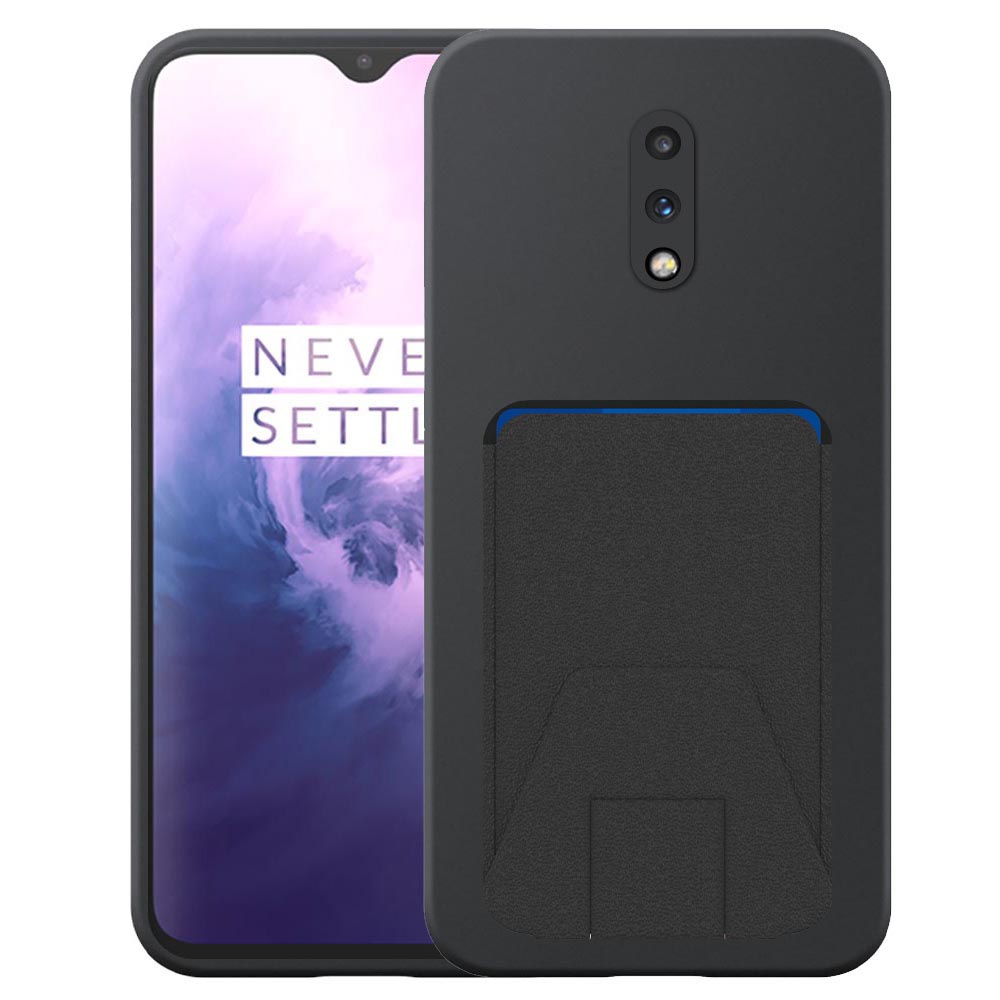 OnePlus 7 telefoonhoesje siliconen zwart_met verstelbare leren pasjeshouder