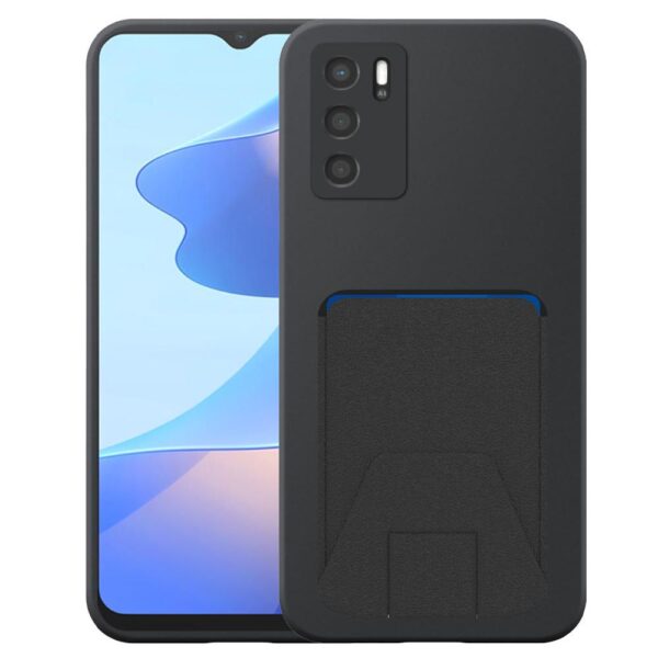 Oppo A16 telefoonhoesje siliconen zwart_met verstelbare leren pasjeshouder