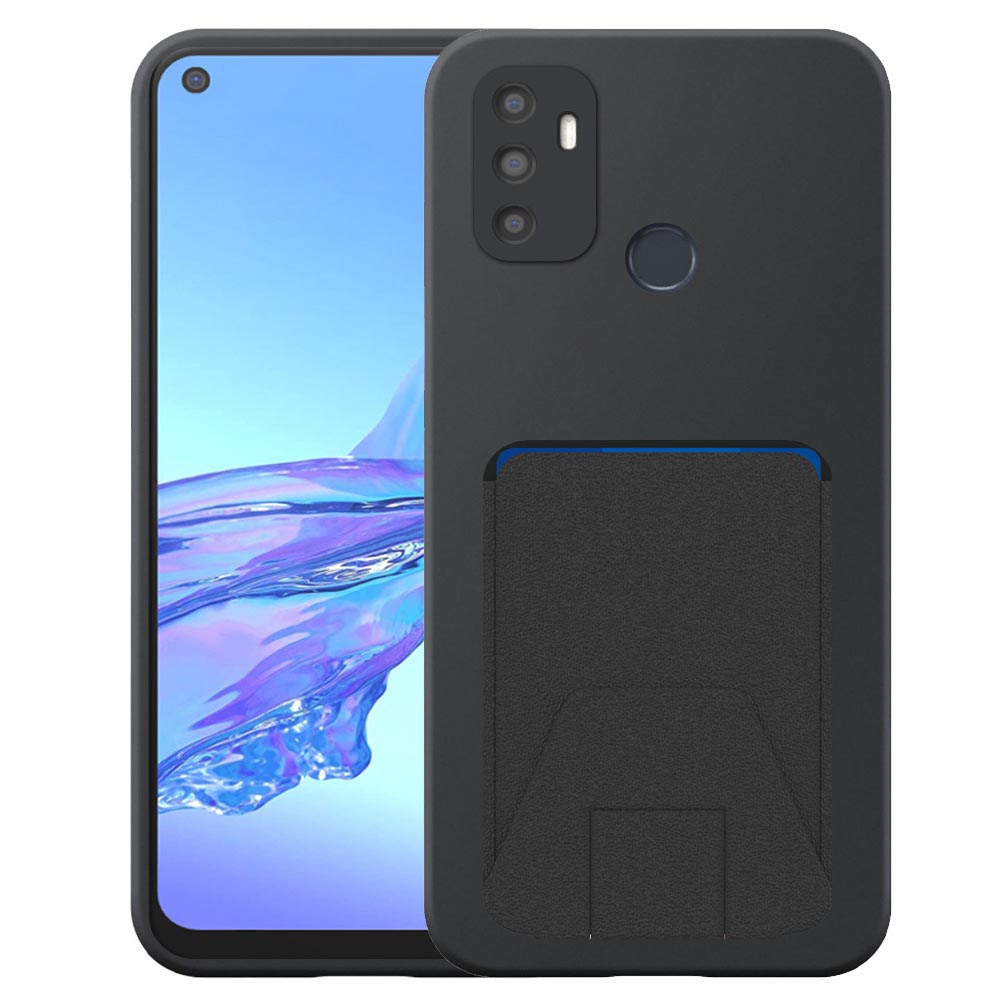 Oppo A53s telefoonhoesje siliconen zwart_met verstelbare leren pasjeshouder