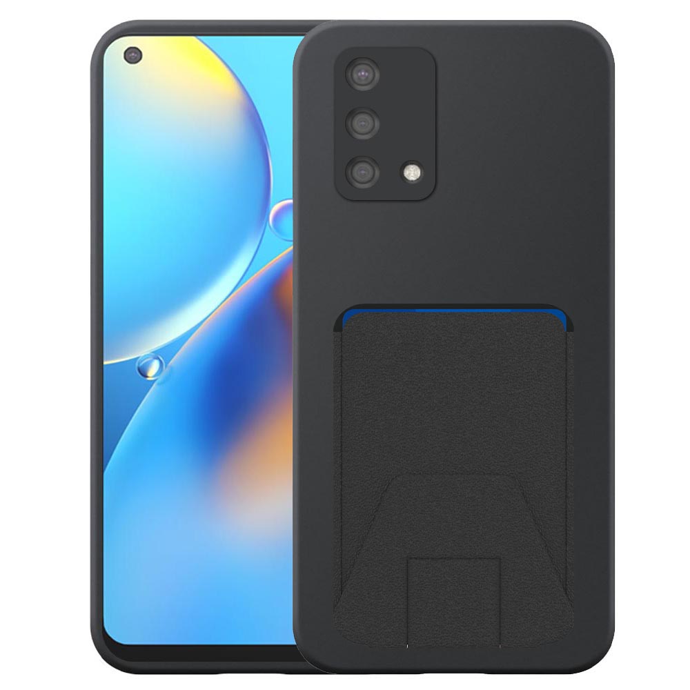 Oppo A74 telefoonhoesje siliconen zwart_met verstelbare leren pasjeshouder