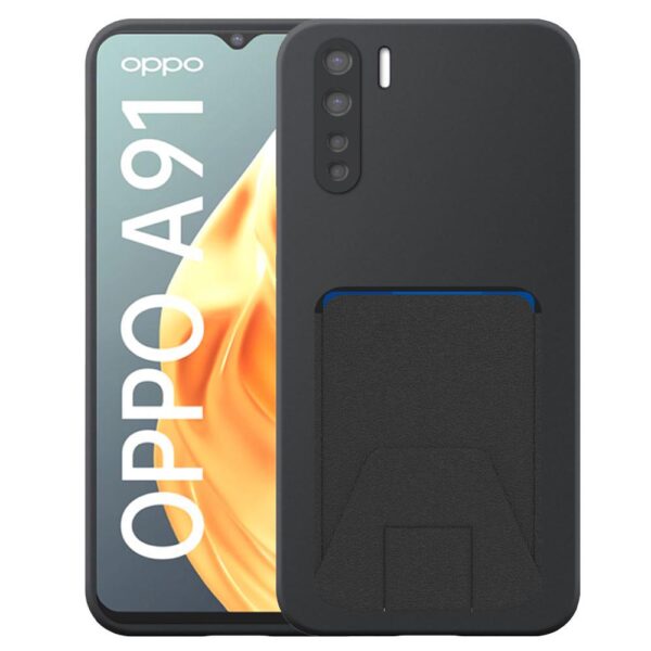 Oppo A91-Reno3 telefoonhoesje siliconen zwart_met verstelbare leren pasjeshouder