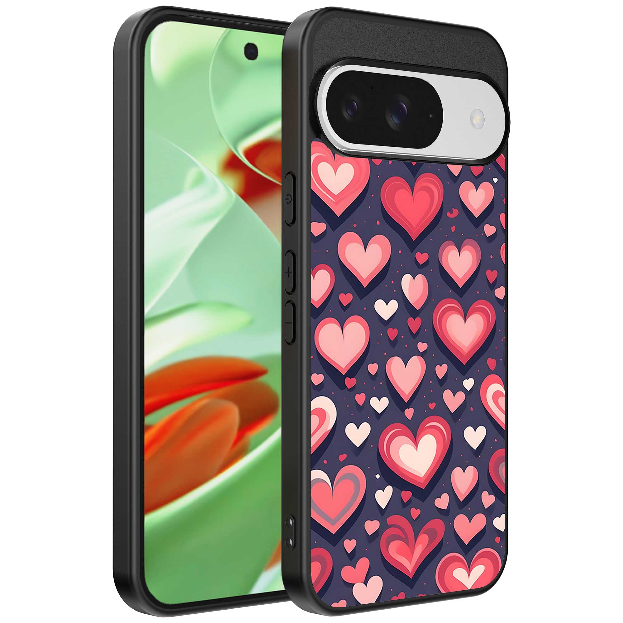 grote roze en rode hartjes opdruk_Google Pixel 9 Pro telefoonhoesje (1)