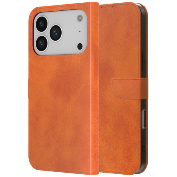 iPhone 17 Pro Max leren telefoonhoesje bookcase met pasjeshouder en magnetische lipje bruin (1)