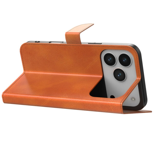 iPhone 17 Pro Max leren telefoonhoesje bookcase met pasjeshouder en magnetische lipje bruin (3)