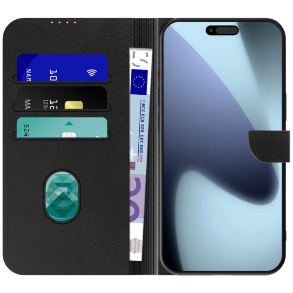 iPhone 17 Pro Max leren telefoonhoesje bookcase met pasjeshouder en magnetische lipje zwart (2)