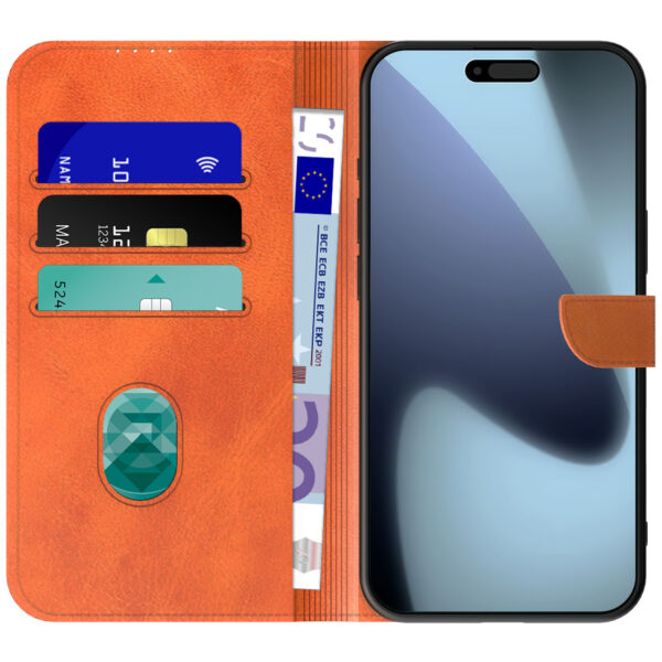 iPhone 17 Pro leren telefoonhoesje bookcase met pasjeshouder en magnetische lipje bruin (2)