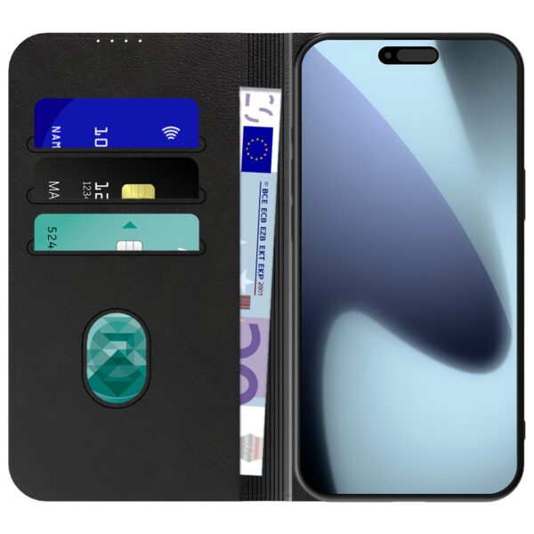 iPhone 17 Pro leren telefoonhoesje bookcase met pasjeshouder en magnetische sluiting zwart (2)