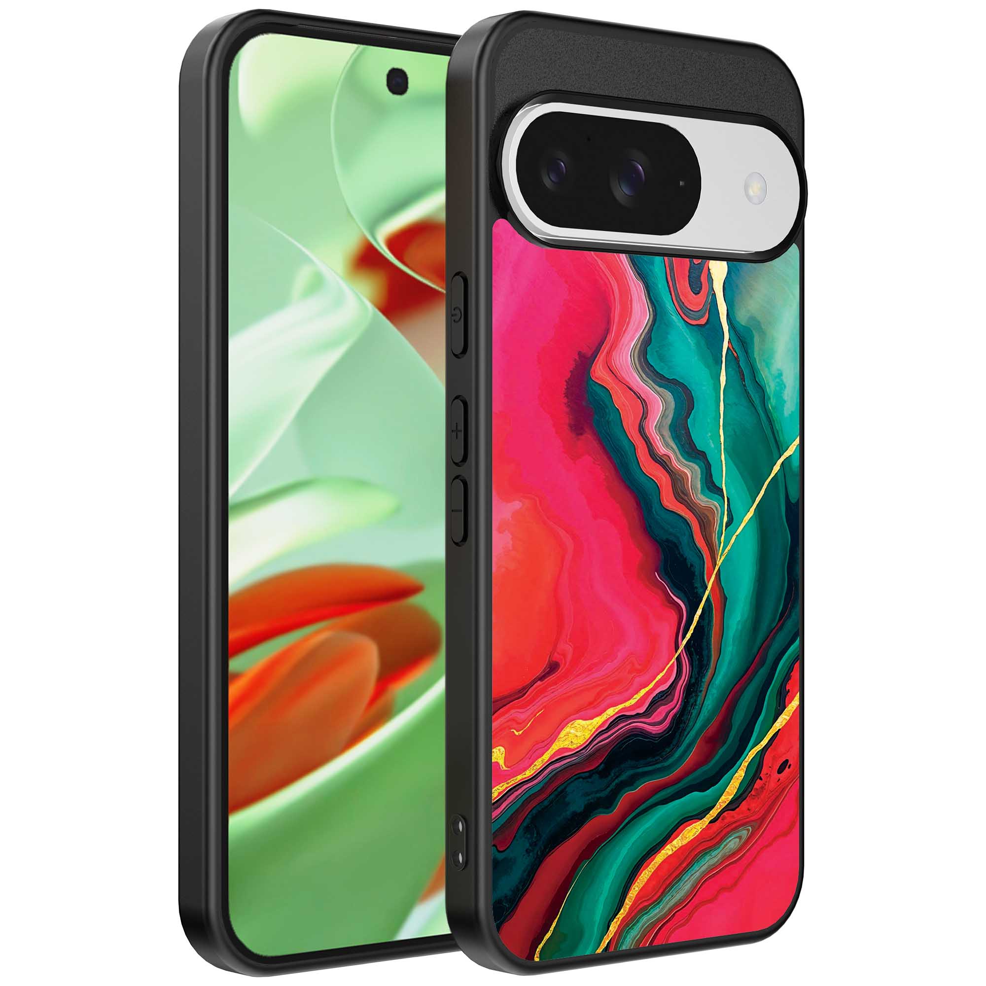 rood groen marmer opdruk_Google Pixel 9 Pro telefoonhoesje (1)