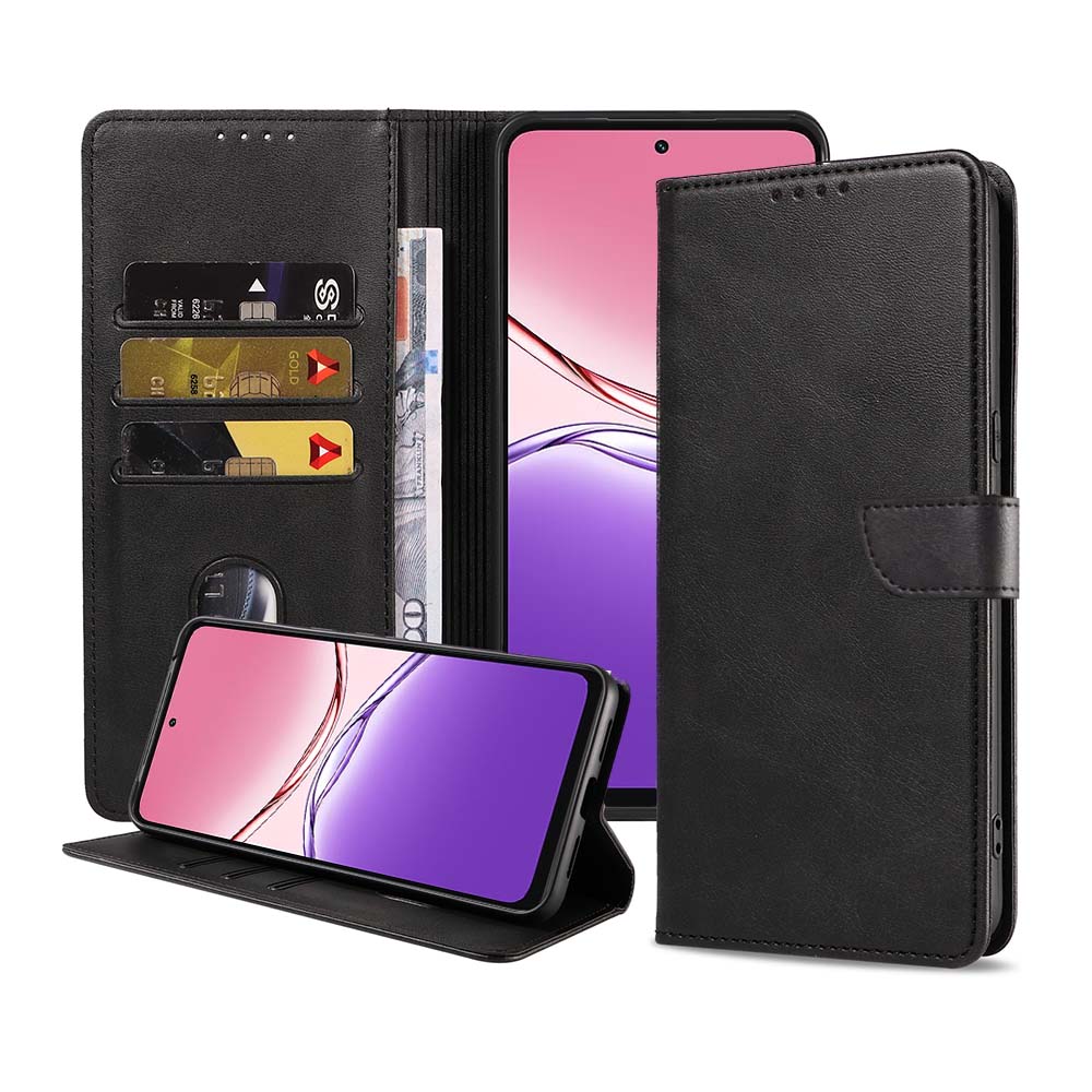 Oppo A5X leren telefoonhoesje bookcase met pasjeshouder en magnetische lipje (1) zwart
