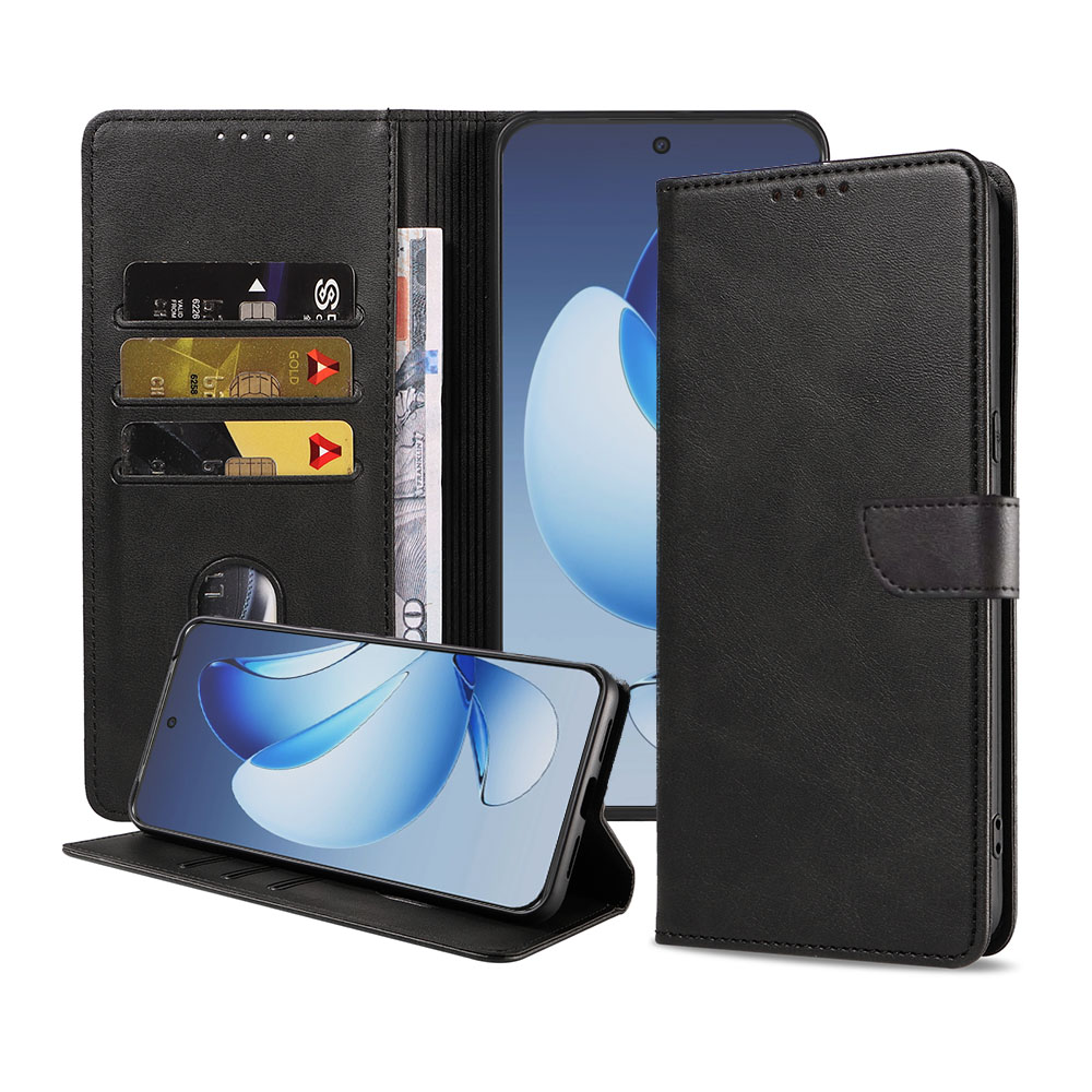 Oppo Reno 13 telefoonhoesje leer met magnetisch lipje en pasjeshouder (1)