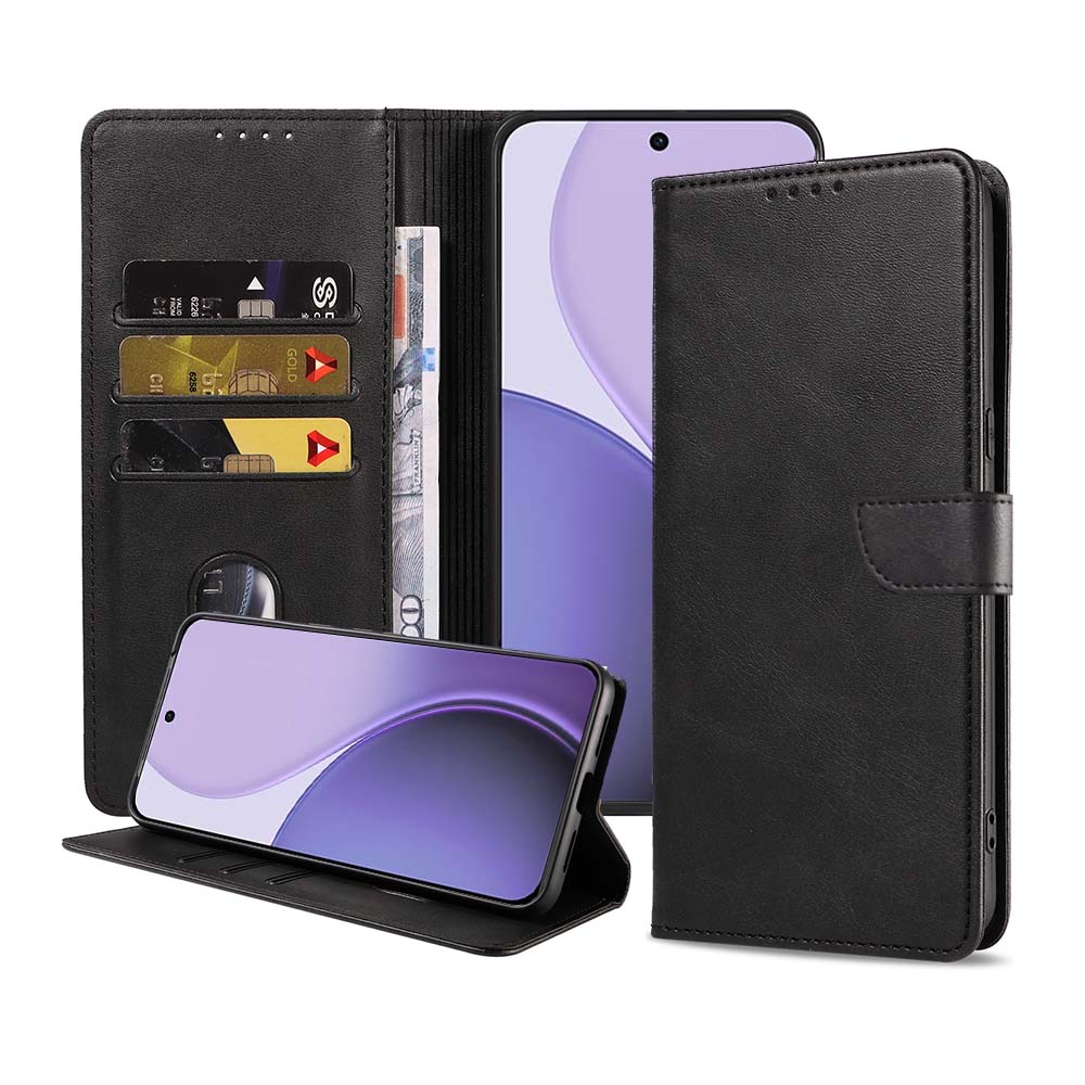 Oppo Reno 14F leren telefoonhoesje bookcase met pasjeshouder en magnetisch lipje (1)