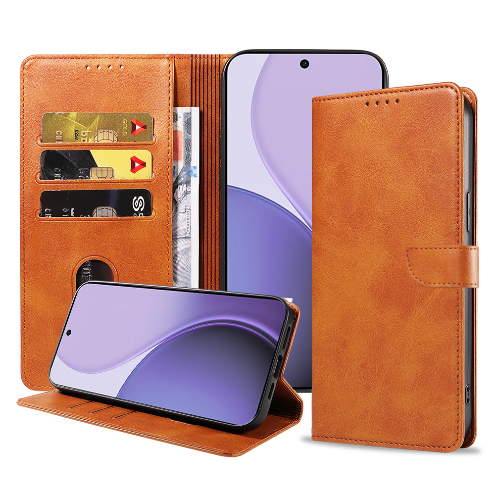 Oppo Reno 14F leren telefoonhoesje bookcase met pasjeshouder en magnetisch lipje (1) bruin