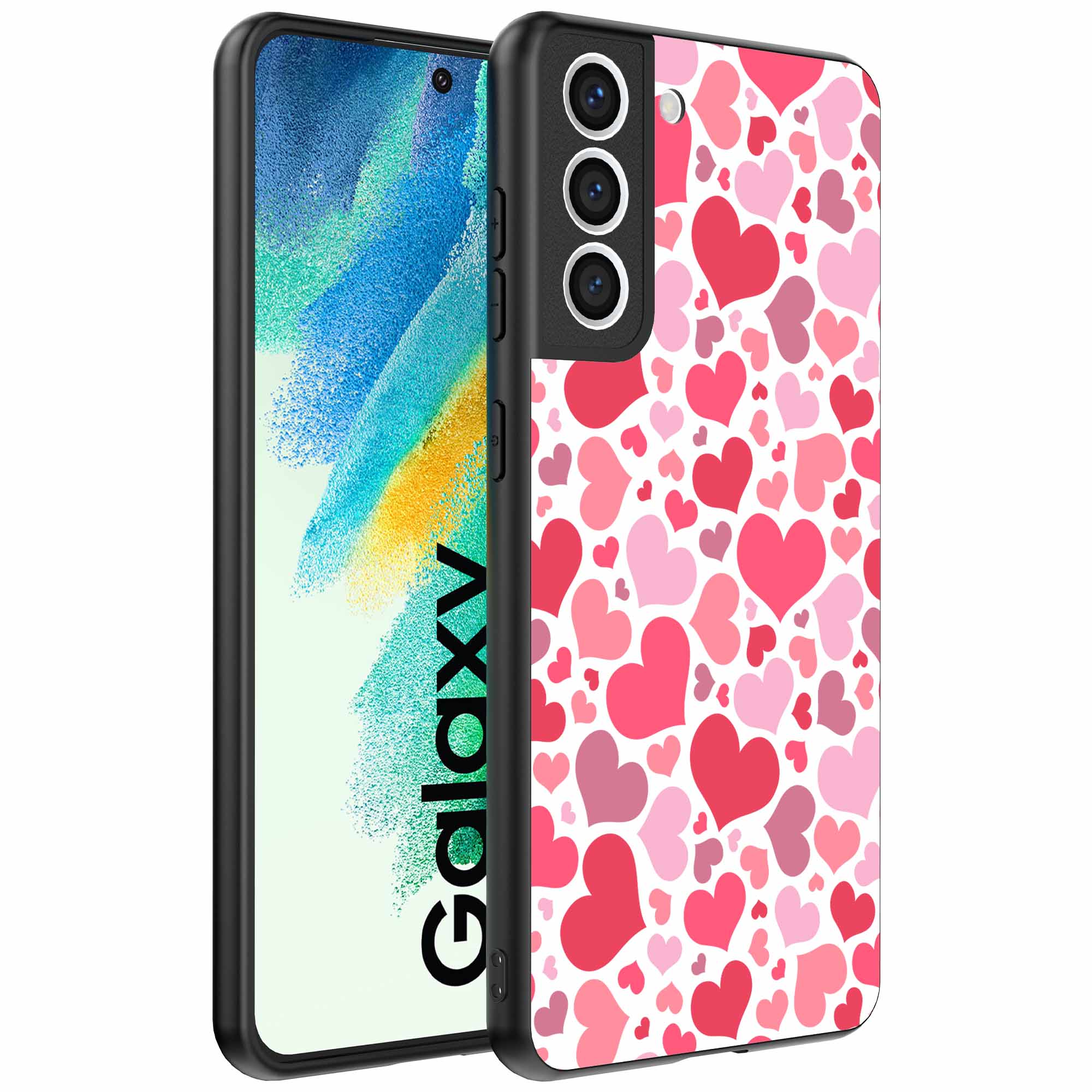 roze en rode hartjes opdruk_Samsung Galaxy S21 FE telefoonhoesje (1)
