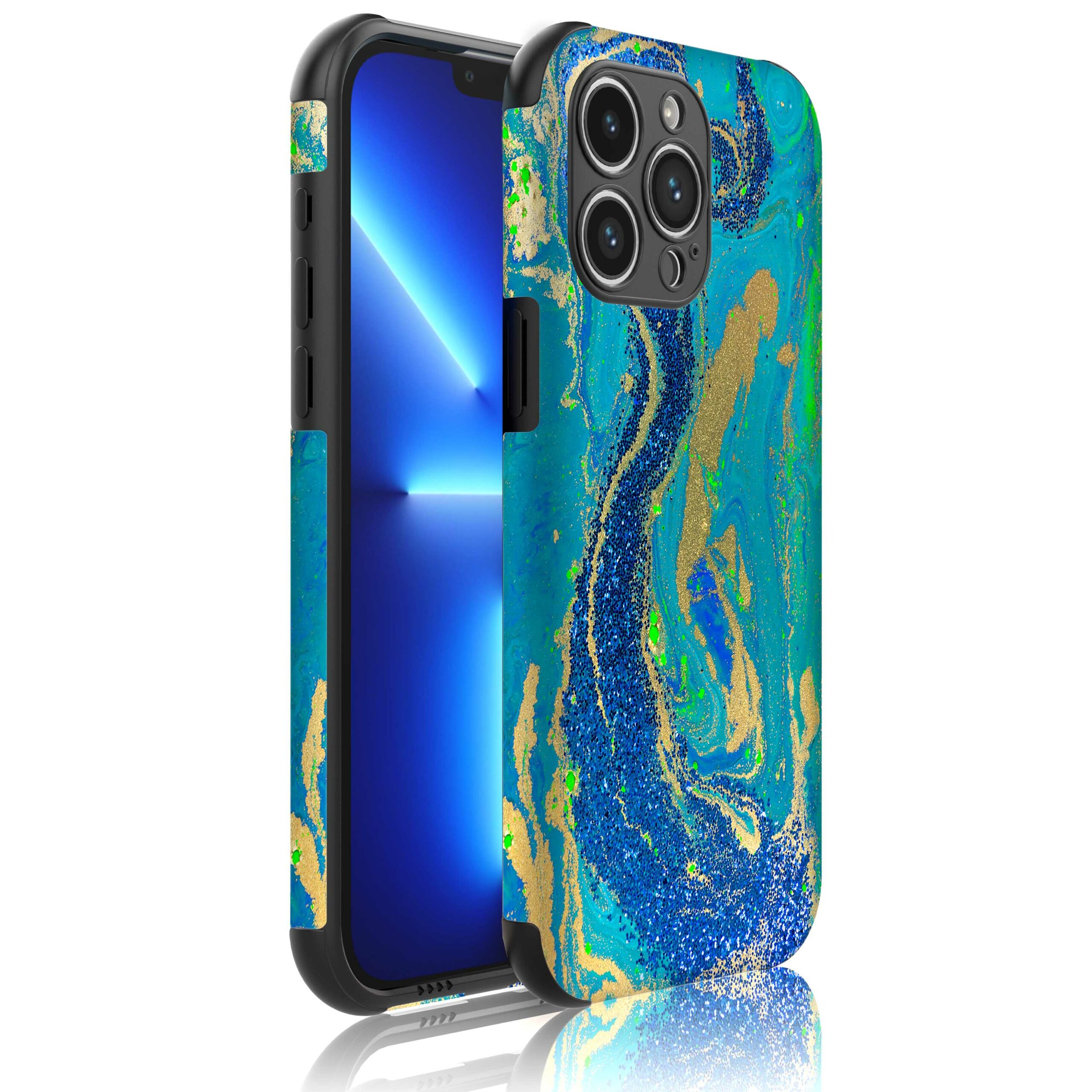 blauw groen goud marmer opdruk_Telefoonhoesje met bumper randjes iPhone 13 Pro (1)