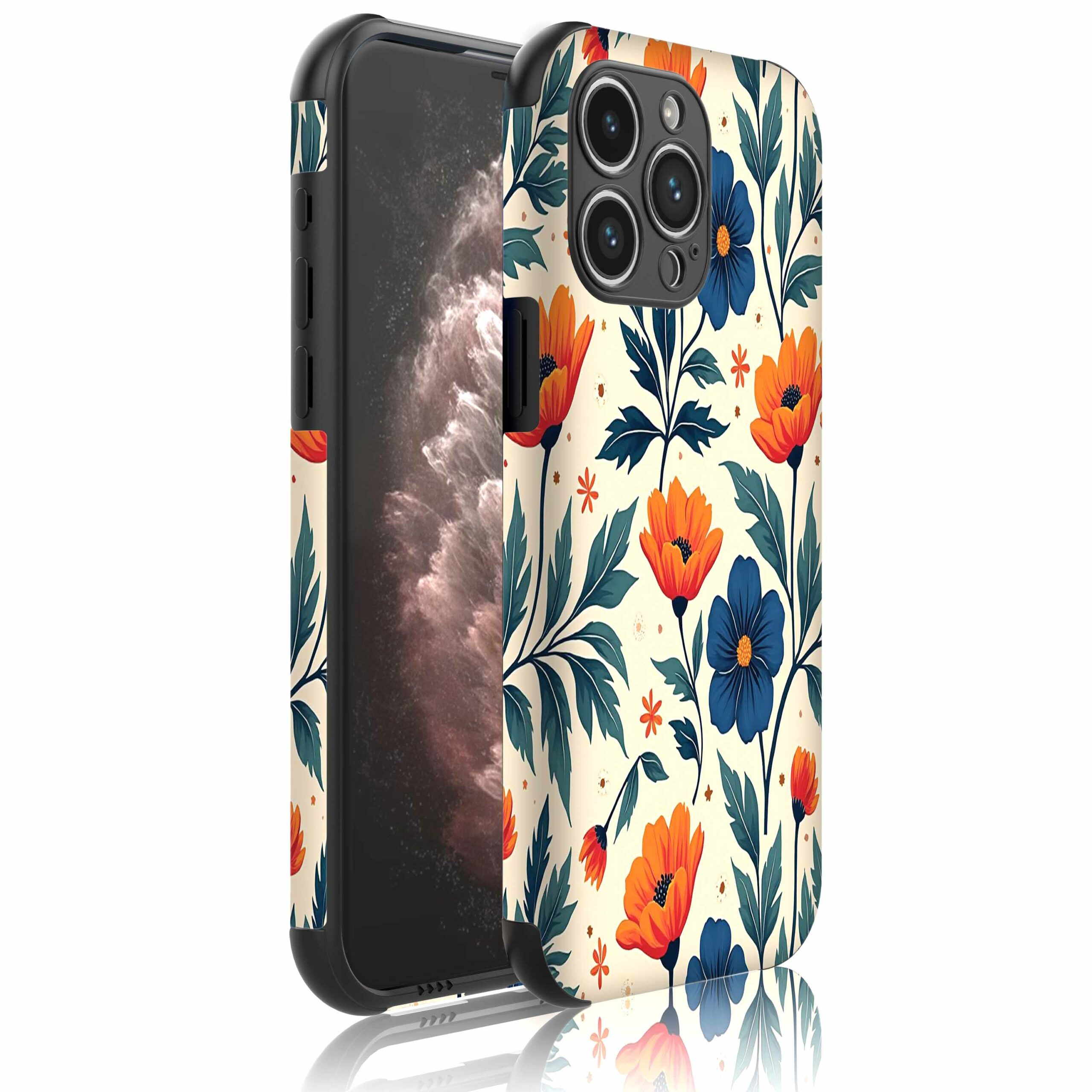 blauwe en oranje bloemen opdruk_Telefoonhoesje met bumper randjes iPhone 11 Pro Max (1)