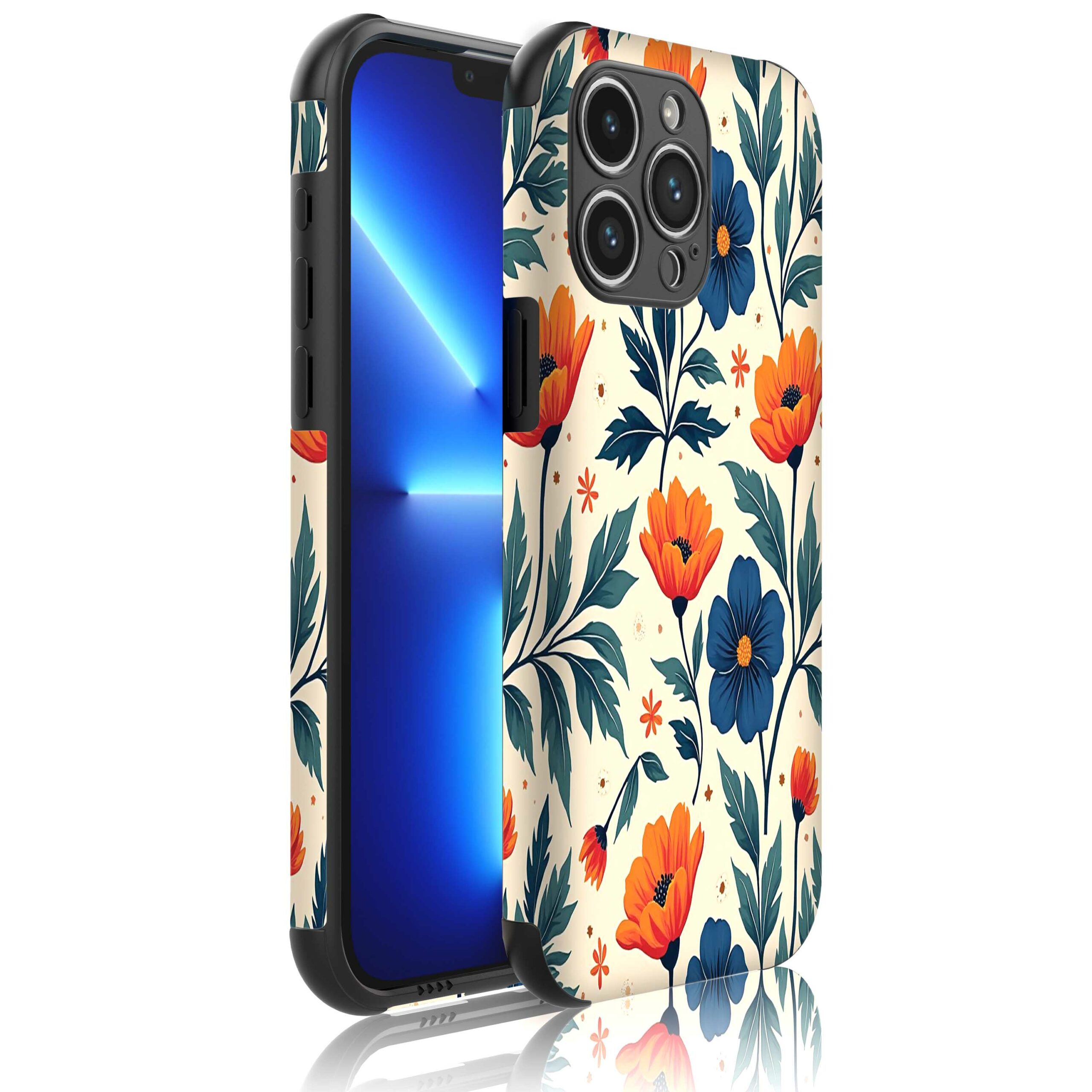 blauwe en oranje bloemen opdruk_Telefoonhoesje met bumper randjes iPhone 13 Pro (1)