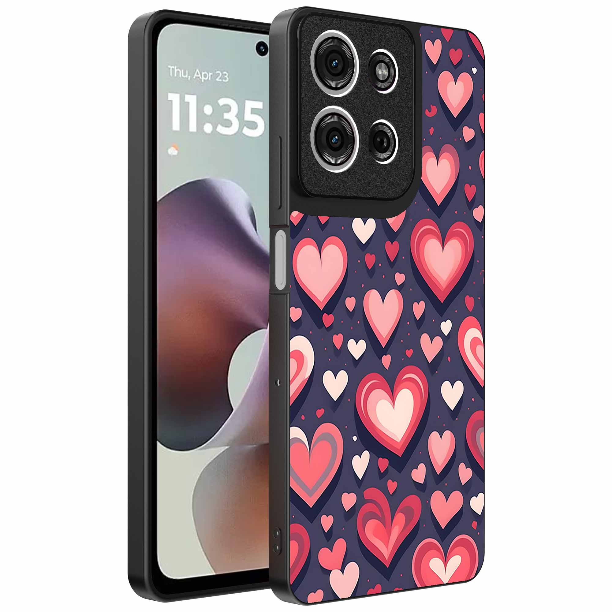 grote roze en rode hartjes opdruk_Motorola Moto G56 telefoonhoesje (1)