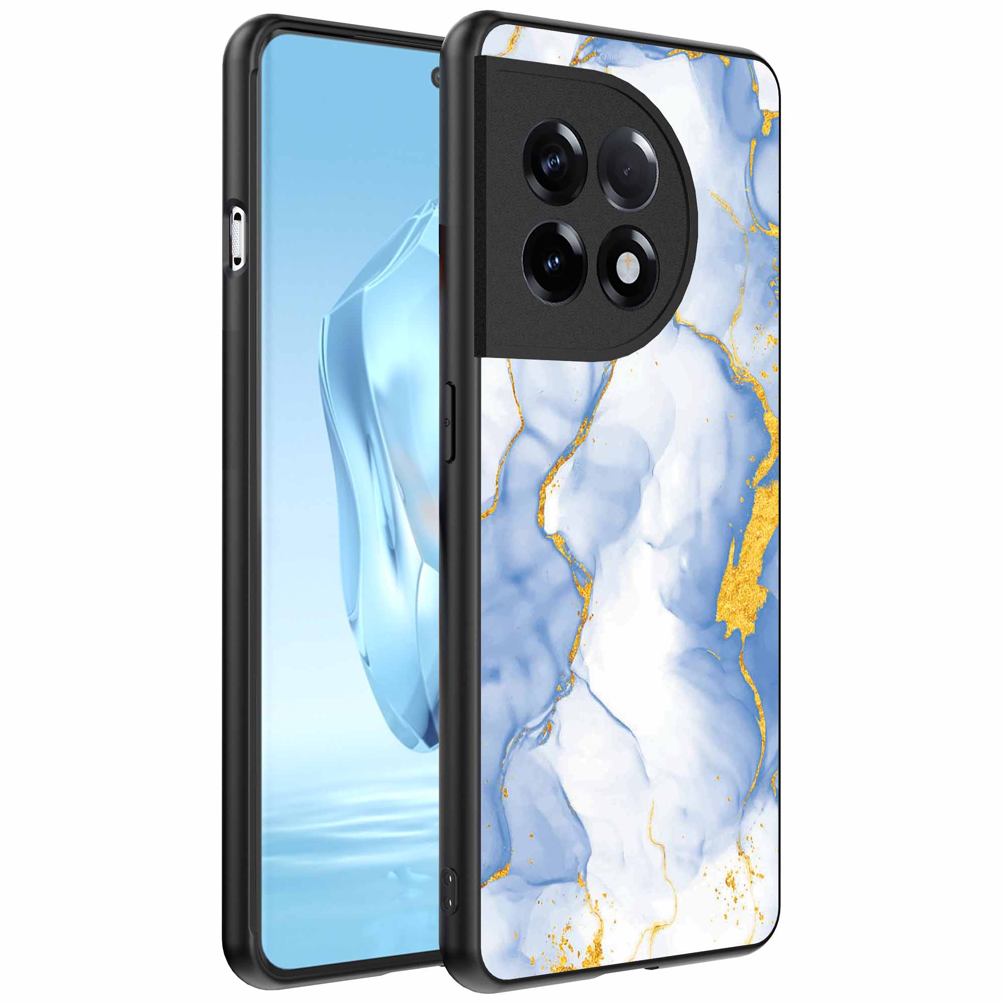 lichtblauw goud marmer opdruk_OnePlus 12 Telefoonhoesje (1)