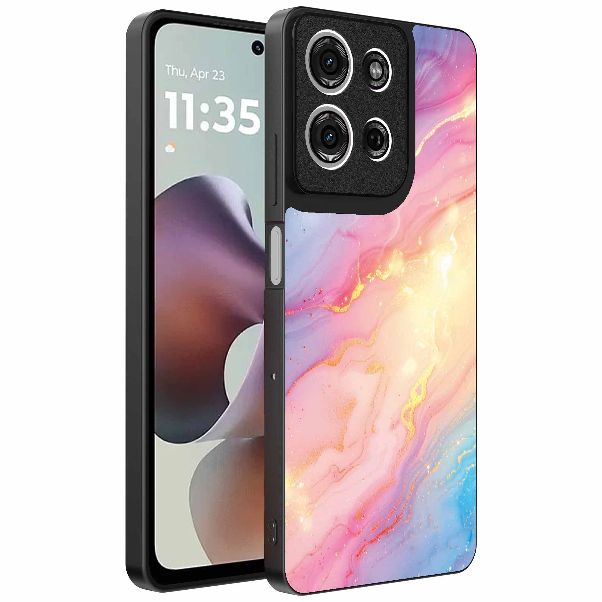 regenboog glitter marmer opdruk_Motorola Moto G56 telefoonhoesje (1)