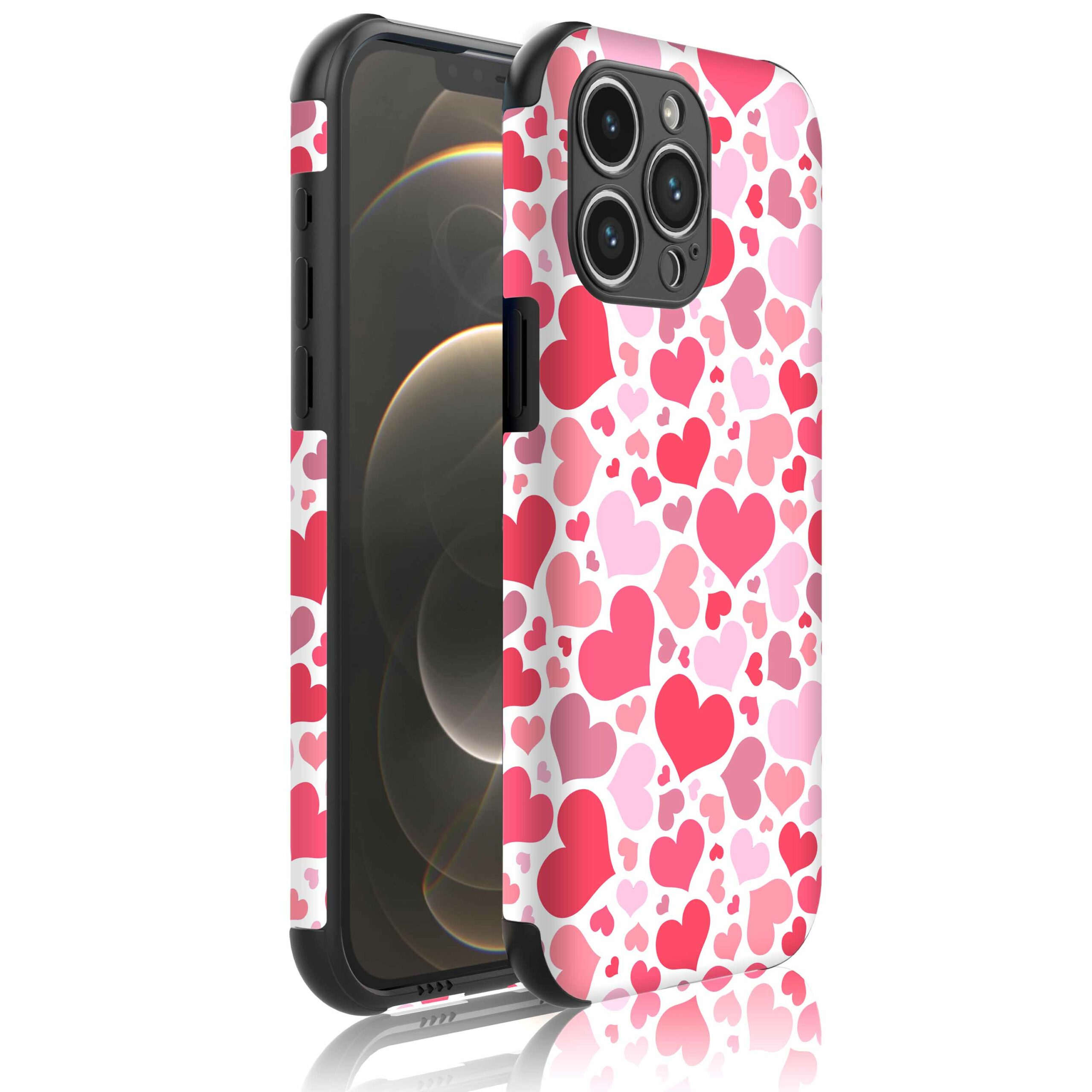 roze en rode hartjes opdruk_Telefoonhoesje met bumper randjes iPhone 12 Pro (1)