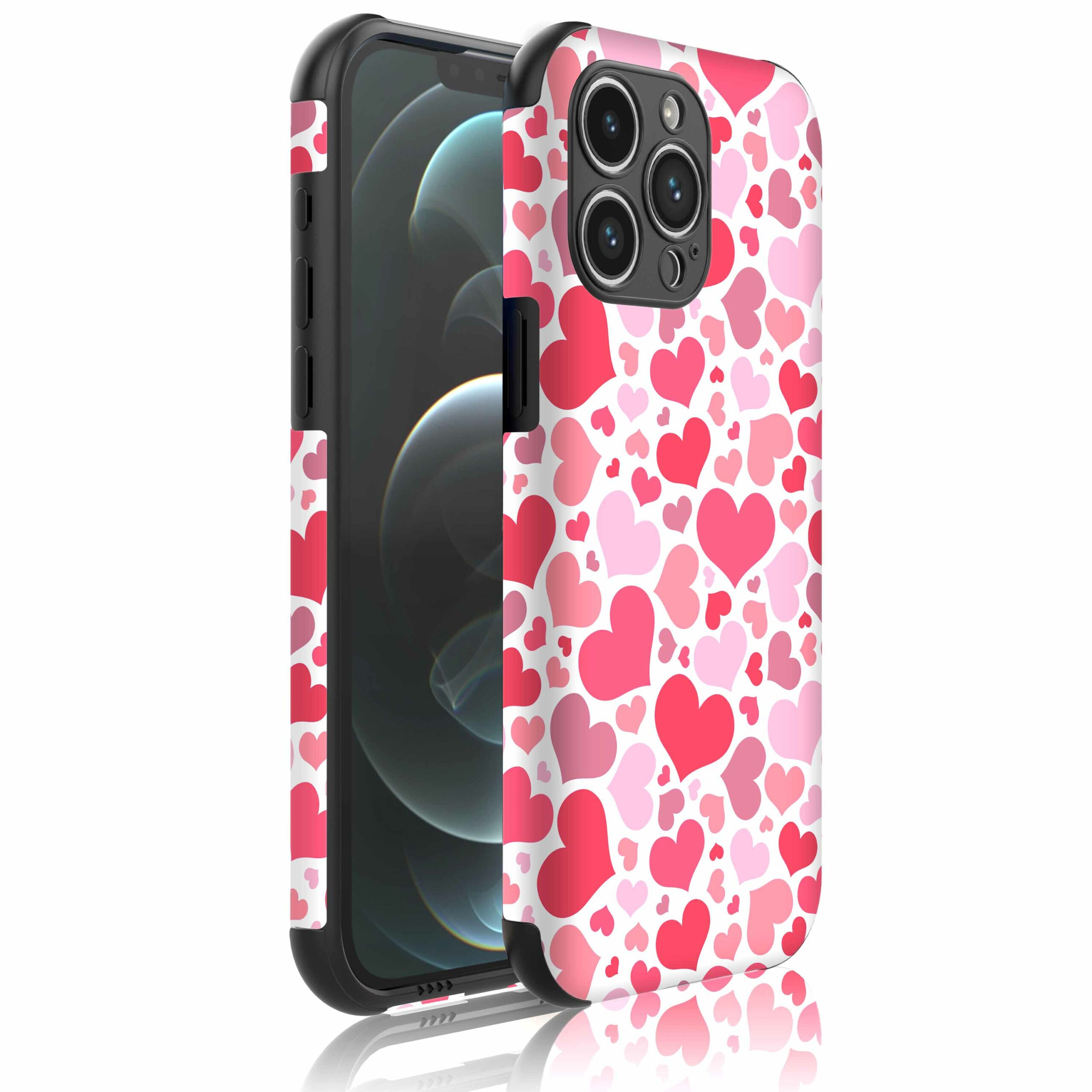 roze en rode hartjes opdruk_Telefoonhoesje met bumper randjes iPhone 12 Pro Max (1)