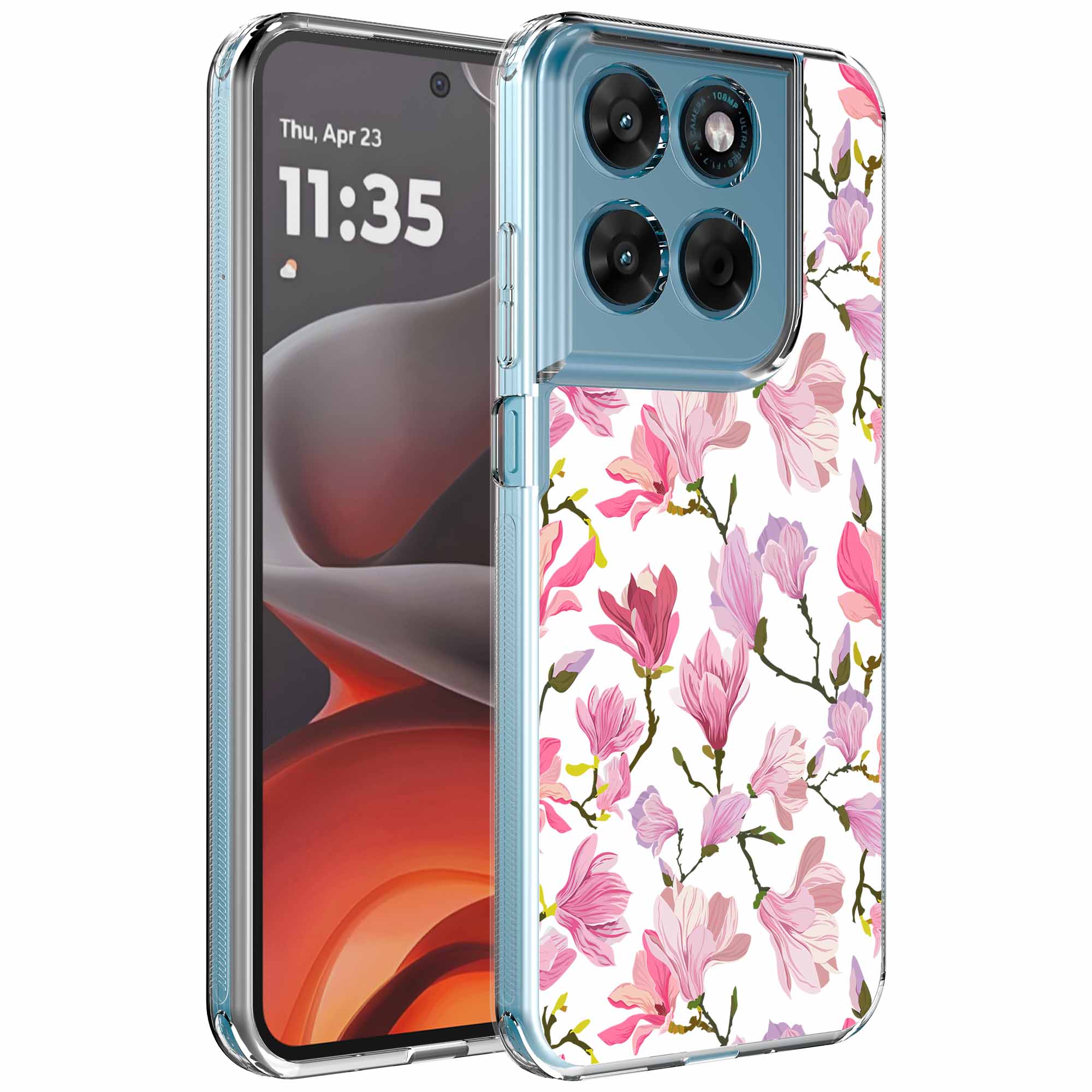 Fuchsia bloemen opdruk_Motorola Moto G15 transparant telefoonhoesje (1)