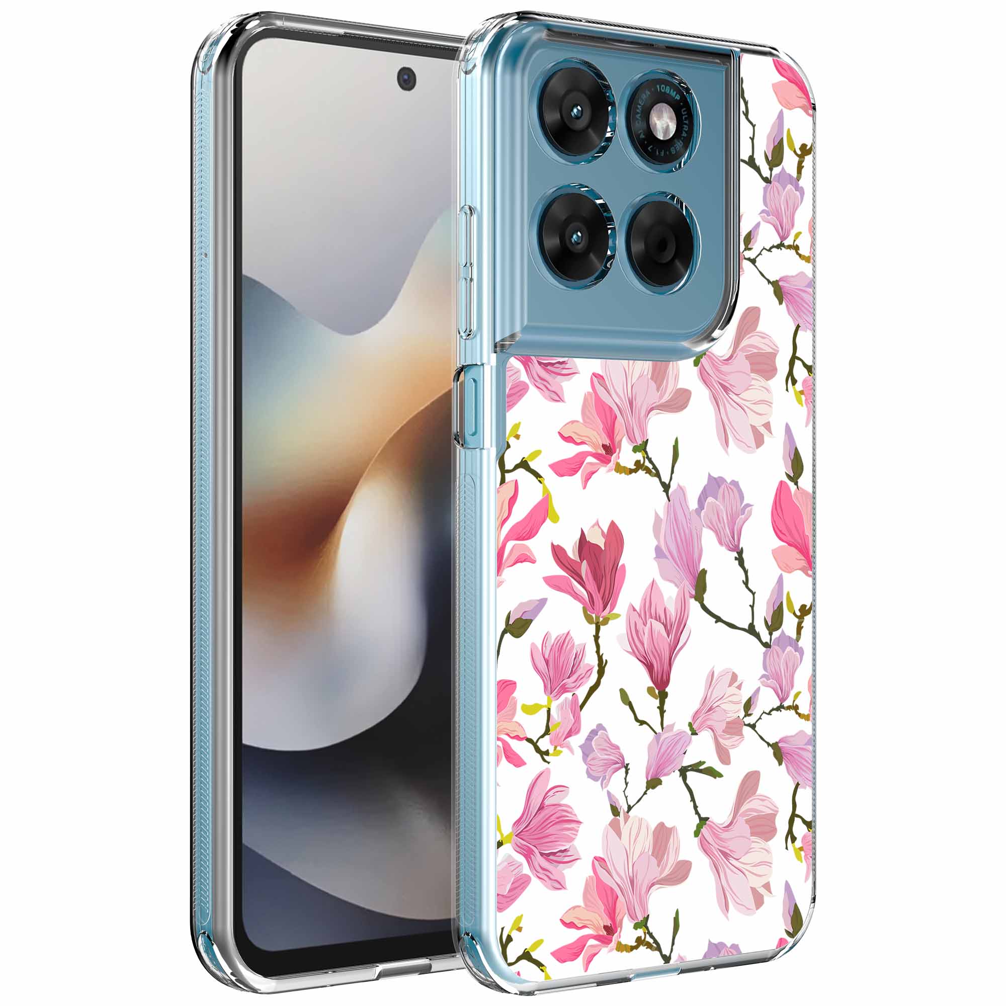 Fuchsia bloemen opdruk_Motorola Moto G56 transparant telefoonhoesje (1)