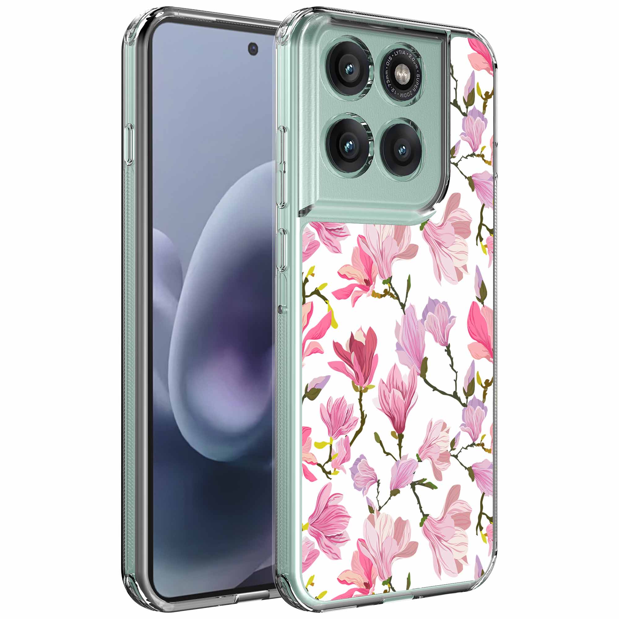 Fuchsia bloemen opdruk_Motorola Moto G86 transparant telefoonhoesje (1)